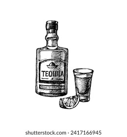 Mexican traditional food background with tequila. Hand drawn sketch vector illustration.