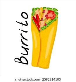 Mexican traditional food, burrito color vector illustration with handdrawn text. Fast food meal. Doner kebab, shawarma, roll with meat and vegetables. Cute cartoon style, isolated on white background