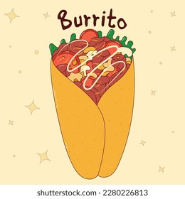 Mexican traditional food. Burrito. Vector illustration in hand drawn style