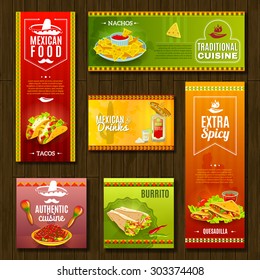 Mexican traditional food cafe restaurant and bar flat bright color banner set isolated vector illustration