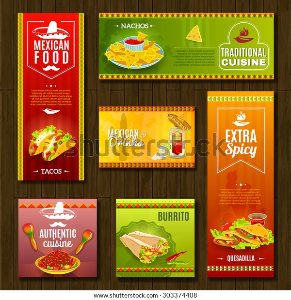 Mexican traditional food\
cafe restaurant and bar flat bright color banner set isolated\
vector illustration