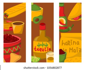 Mexican traditional food cards with meat avocado. tequila corn spicy pepper salsa lunch sauce cuisine. vector illustration