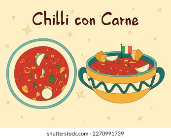 Mexican traditional food. Chilli con Carne. Vector illustration in hand drawn style