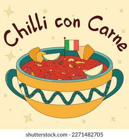 Mexican traditional food. Chilli con Carne. Vector illustration in hand drawn style