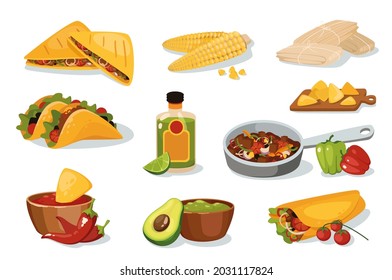 Mexican traditional food design elements set. Collection of restaurant menu, quesadilla, fajitas, tamale, burrito, guacamole, nachos, taco. Vector illustration isolated objects in flat cartoon style