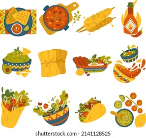 Cocina tradicional mexicana, platos, vectores de cocina aislados. Comida rápida nacional callejera. Taco, sándwiches y tentempiés, burrito, salsa picante, chili, aguacate, nachos, guacamole, salsa