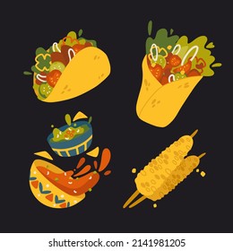 Mexican traditional food, dishes, cuisine vector set isolated. National street fast food. Taco, sandwiches and snacks, burrito, hot sauce, chili, avocado, nachos, guacamole, salsa, with ingredients. 