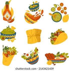 Mexican traditional food, dishes, cuisine vector set isolated. National street fast food. Taco, sandwiches and snacks, burrito, hot sauce, chili, avocado, nachos, guacamole, salsa, with ingredients. 