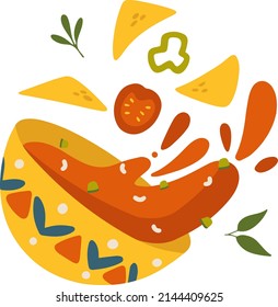 Cocina tradicional mexicana, platos, vectores de cocina aislados. Comida rápida nacional callejera. Salsa bowl. Aperitivos, salsa, chile, nachos, guacamole, lima, tomates, con ingredientes. 