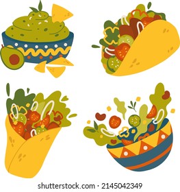 Cocina tradicional mexicana, platos, vectores de cocina aislados. Comida rápida nacional callejera. Taco, sándwiches y tentempiés, burrito, salsa caliente, chile, aguacate, nachos, guacamole, salsa, con ingredientes. 