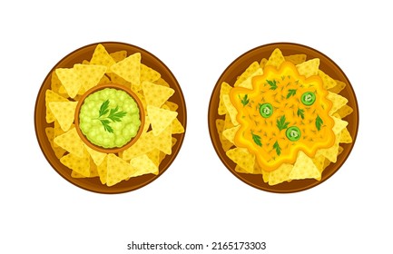 Comida tradicional mexicana, guacamole con ilustración vectorial nachos