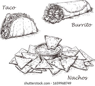 Mexican traditional food. Hand drawn sketch vector illustration. Vintage Mexico cuisine set.Taco,nachos,burrito.
