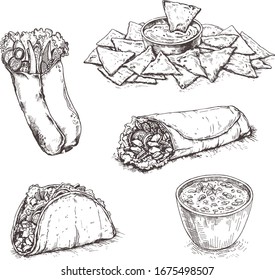 Mexican traditional food. Hand drawn sketch vector illustration. Vintage Mexico cuisine set.Taco,nachos,burrito.
