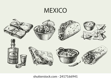 Mexican traditional food. Hand drawn sketch vector illustration. Vintage Mexico cuisine set