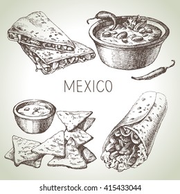 Mexican traditional food. Hand drawn sketch vector illustration. Vintage Mexico cuisine set