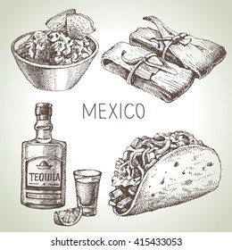 Mexican traditional food. Hand drawn sketch vector illustration. Vintage Mexico cuisine set