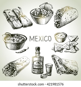 Mexican Traditional Food. Hand Drawn Sketch Vector Illustration. Vintage Mexico Cuisine Set