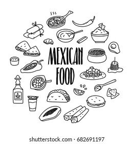 Mexican Traditional Food Hand Drawn Doodle Icons Set With Guacamole, Tacos, Tequila.