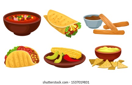 Mexican Traditional Food Items Vector Set Isolated On White Background