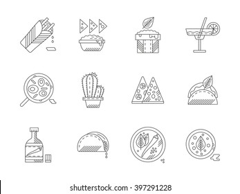 Mexican traditional food. Meal with hot spicy. Restaurant menu, fast food.  Set of flat black line vector icons. Elements for web design and mobile.