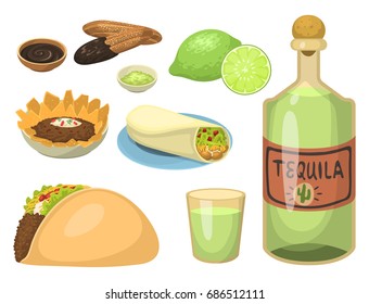 Mexican traditional food meal plates isolated lunch sauce mexico cuisine vector illustration