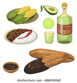 Mexican traditional food meal plates isolated lunch sauce mexico cuisine vector illustration