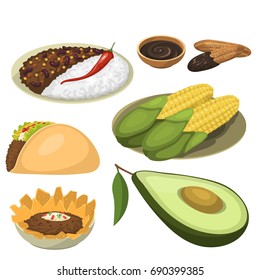 Mexican traditional food meal plates isolated lunch sauce mexico cuisine vector illustration