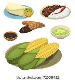 Mexican traditional food meal plates isolated lunch sauce mexico cuisine vector illustration