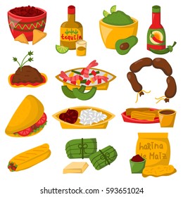 Mexican traditional food with meat avocado tequila corn isolated and spicy pepper salsa lunch sauce cuisine vector illustration