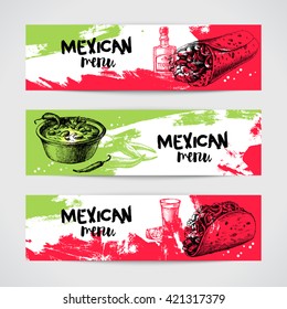 Mexican Traditional Food Menu Banners Set. Hand Drawn Sketch Vector Illustration. Vintage Mexico Cuisine