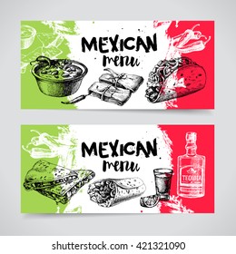 Mexican traditional food menu. Hand drawn sketch vector illustration. Vintage Mexico cuisine banner set