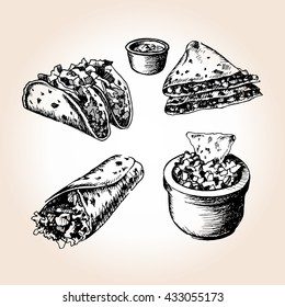 Mexican traditional food menu. Hand drawn sketch vector illustration. Vintage Mexico cuisine set
