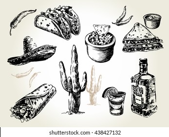 Mexican traditional food menu. Hand drawn sketch vector illustration. Vintage Mexico cuisine set