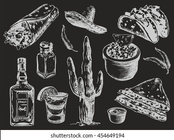 Mexican traditional food menu. Hand drawn sketch on chalkboard.  Vector illustration. Vintage Mexico cuisine set