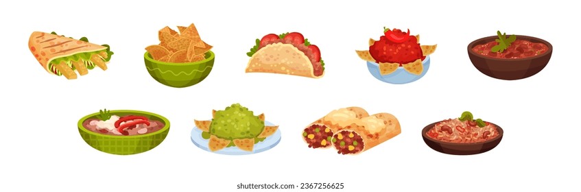 Comida mexicana tradicional con nachos, tortilla, envuelto de burrito y conjunto de vectores de guisos