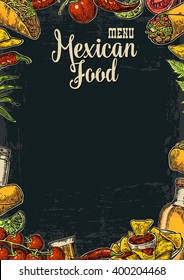 Mexican traditional food restaurant menu template with spicy dish. burrito, tacos, chili, tomato, nachos, tequila, lime. Vector vintage engraved illustration Isolated on dark background.  