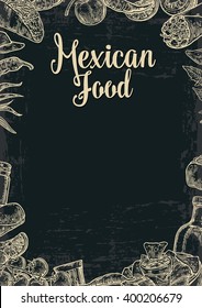 Mexican traditional food restaurant menu template with spicy dish. burrito, tacos, chili, tomato, nachos, tequila, lime. Vector vintage engraved illustration Isolated on dark background.  