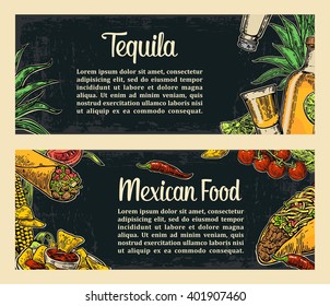 Mexican traditional food restaurant menu template with spicy dish. burrito, tacos, tomato, nachos, tequila, lime. Vector vintage engraved illustration on dark background.  For poster, web