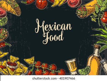 Mexican traditional food restaurant menu template with spicy dish. burrito, tacos, tomato, nachos, tequila, lime. Vector vintage engraved illustration on dark background.  For poster, web