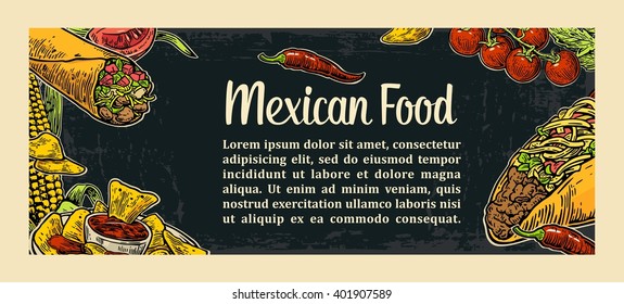 Mexican traditional food restaurant menu template with spicy dish. burrito, tacos, tomato, nachos. Vector vintage engraved illustration on dark background.  For poster, web, carte