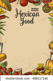Mexican traditional food restaurant menu template with spicy dish. burrito, tacos, chili, tomato, nachos, tequila, lime. Vector engraved illustration on old paper texture background.