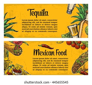 Mexican Traditional Food Restaurant Menu Template With Spicy Dish. Burrito, Tacos, Tomato, Nachos, Tequila, Lime. Vector Vintage Engraved Illustration On Yellow Background. For Poster, Web