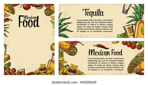 Mexican traditional food restaurant menu template with burrito, tacos, tomato, nachos, tequila, lime. Vector vintage engraved illustration on beige background. For poster, web