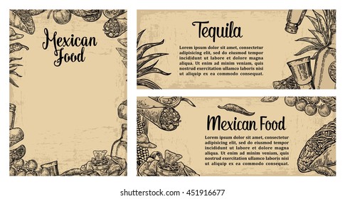 Mexican traditional food restaurant menu template with burrito, tacos, tomato, nachos, tequila, lime. Vector vintage engraved illustration on beige background. For poster, web