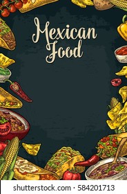 Mexican Traditional Food Restaurant Menu Template With Guacamole, Enchilada, Burrito, Tacos, Nachos And Ingredient. Vector Vintage Engraved Illustration On Dark Background