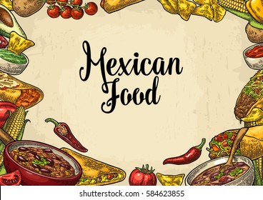 Mexican traditional food restaurant menu template with Guacamole, Quesadilla, Enchilada, Burrito, Tacos, Nachos, Chili con carne and ingredient. Vector color engraving illustration on beige background