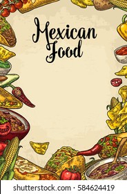 Mexican Traditional Food Restaurant Menu Template With Guacamole, Enchilada, Burrito, Tacos, Nachos And Ingredient. Vector Color Engraving Illustration On Beige Background