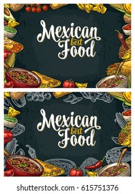 Mexican traditional food restaurant menu template with Guacamole, Quesadilla, Enchilada, Burrito, Tacos, Nachos, Chili con carne and ingredient. Vector vintage engraved illustration on dark background