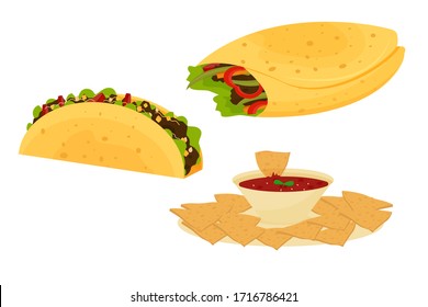 Mexican traditional food set with Burrito, Tacos, Nachos isolated on white background stock vector illustration. Bright, colorful fast food, typical cuisine.