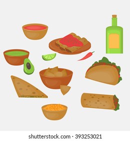 Mexican traditional food set, traditional cusine of Mexico, latino fast food menu takos, burrito, nacos, tequila, quesadilla and mole restaurant meal vector